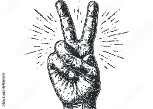 Hand gesture symbol for peace and victory shown with radial lines