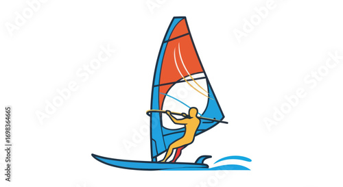 Windsurfer on a Board with Colorful Sail Water Sport Activity.