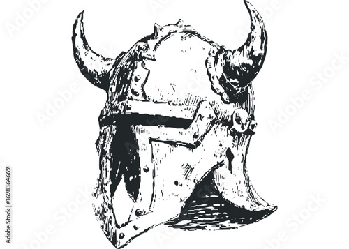 Detailed sketch of ancient warrior helmet with horns on transparent
