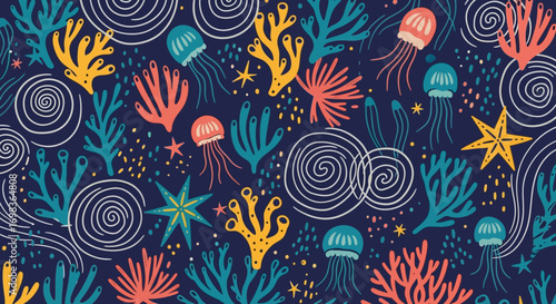 Vibrant Underwater World with Jellyfish and Coral Pattern.