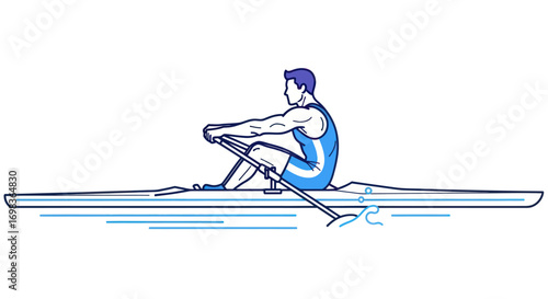 A male athlete in a blue uniform rowing a single scull racing shell side view illustration.