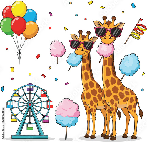 Playful Giraffes at Summer Carnival – Side View Cartoon Vector
