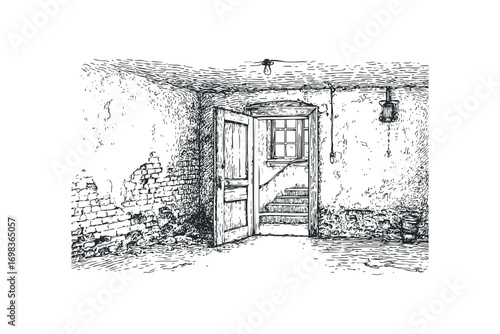Old wooden door and stairs leading up to a window
