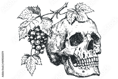 Hand drawn skull with grape vine and leaves