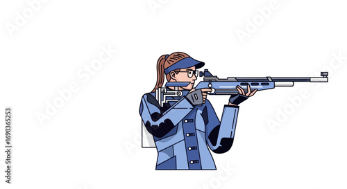 Illustration of a female athlete in blue gear aiming a competition rifle.