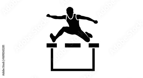 Silhouette of a Hurdler in Mid-Jump Over Hurdles.