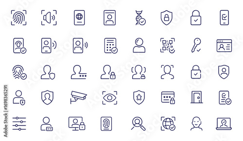 Identity verification icon set, biometric fingerprint, face recognition, voice authentication, passport, ID card, DNA, secure access, privacy, mobile app, digital security, vector illustration