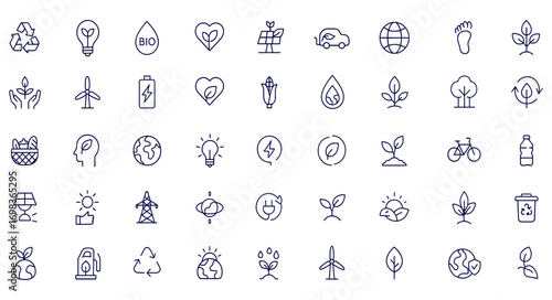 Ecology and Environment Line Style Icon Set, Renewable Energy, Eco Friendly, Electric Car, Global Warming, Organic Farming, Nature Conservation, Sustainable Green Technology, vector illustration