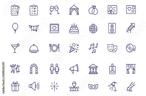 Event planning, wedding management, celebration organisation, entertainment and catering icons set for invitations, conference, party, holiday, festival, business, vector illustration