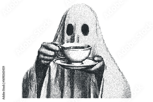 Ghost holding cup of coffee on transparent background