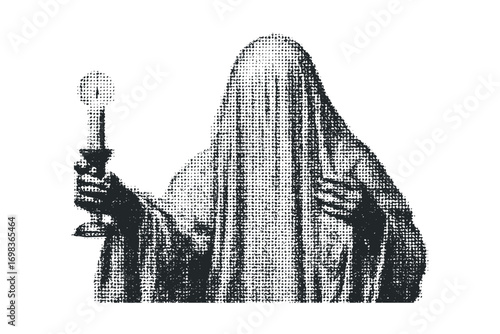 Figure in a shroud holding a candle on transparent