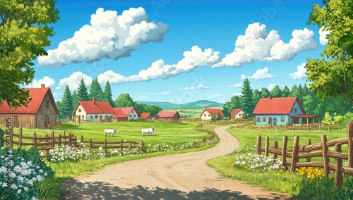 A beautiful farm with green fields, cows, and white flowers in the distance, wooden fences, red-roofed houses, a blue sky with white clouds, and trees on both sides of the road, in a cartoon style