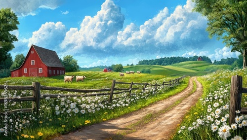 A beautiful farm with green fields, cows, and white flowers in the distance, wooden fences, red-roofed houses, a blue sky with white clouds, and trees on both sides of the road, in a cartoon style