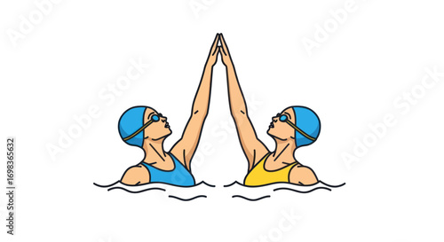 Two Swimmers High-Fiving in Water Teamwork and Celebration Illustration.