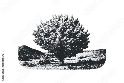 Stippled landscape with a solitary tree and rolling hills