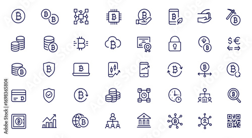 Bitcoin icon collection, cryptocurrency blockchain finance money mining wallet exchange digital assets, editable stroke linear web vector illustration, secure payment technology investment network
