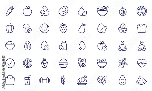 Healthy Nutrition Icon Set, Linear Outline Food Vector Illustration, Editable Stroke, Vegetables, Fruits, Fish, Salad, Protein, Vitamins, Carbohydrates, Healthy Fats, Diet, Wellness, Organic Meal