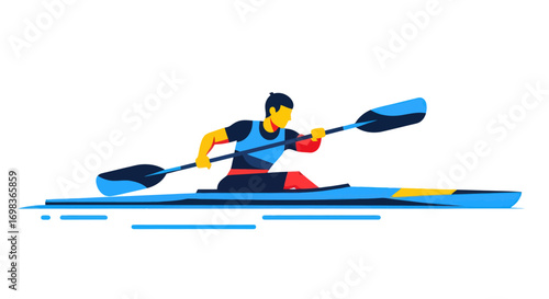 Athletic man paddling a blue kayak with a double-bladed oar.