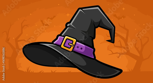 A cartoon illustration of a black witch's hat with a purple band and gold buckle, set against an orange Halloween background.