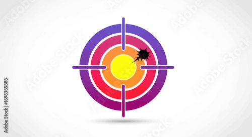 Colorful circular target with crosshairs and a black splat indicating a direct hit on the bullseye.