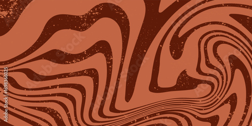 Retro coffee color background. Milk chocolate liquid dessert texture. Wavy swirl candy pattern for poster, cover, banner, pamphlet. Vintage brown trippy hippie wallpaper in 60s or 70s style. Vector
