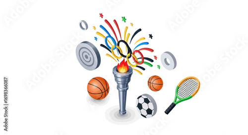 Olympic Torch and Sports Equipment Celebration with Rings.