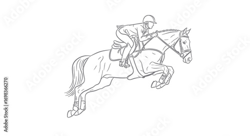 Pencil sketch illustration of an equestrian rider and horse in mid-air during a show jump.