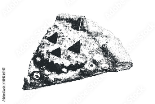 Slice of pizza carved with jack o lantern face on transparent background