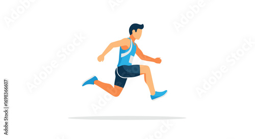 Male Athlete in Mid-Jump Dynamic Running Pose.