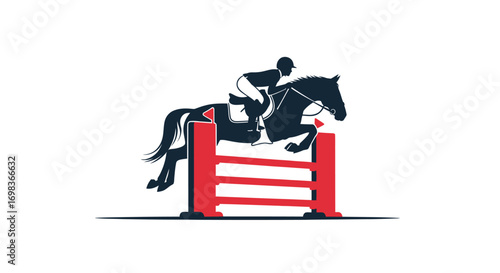 Equestrian Horse Jumping Over a Red and White Barrier.