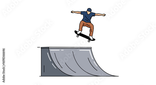 Dynamic illustration of a skateboarder performing an aerial trick over a ramp.