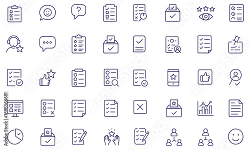 Survey Icon Set, Linear Outline Collection with Editable Stroke, featuring feedback, question, opinion, poll, review, satisfaction, answer, research, checklist, task, form, report, rating, vote