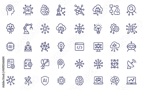 AI technology icon set, artificial intelligence, machine learning, robotics, smart digital network, cloud computing, algorithm, cyber process, data analysis, automation, neural system