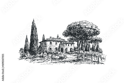 Estate landscape with a villa and trees, ink sketch