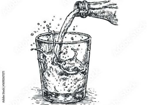 Ink sketch of liquid splashing into a glass from a bottle on a white transparent background