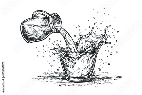 Liquid pouring from jug into glass creating splash