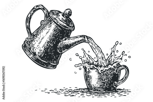 Vintage teapot pouring liquid into a splashing cup