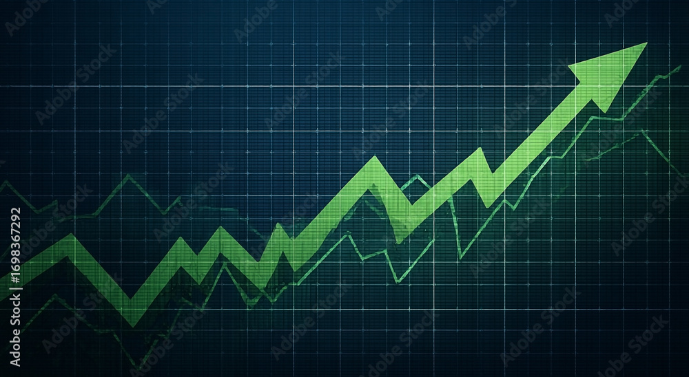 Naklejka premium Rising Market Trend Graph with Green Arrow on Blue Grid Background