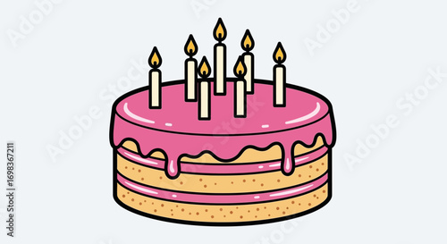 Cartoon illustration of a layered cake with pink frosting and lit candles on top.