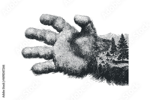 Pointillist Hand with Forest Landscape