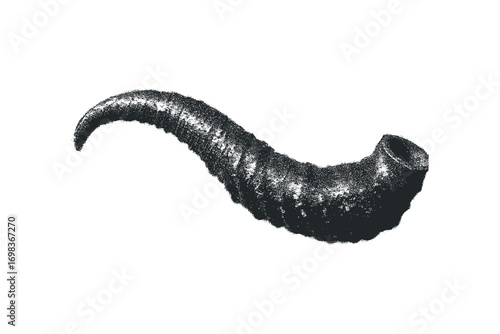 Curved animal horn with textured surface on transparent background