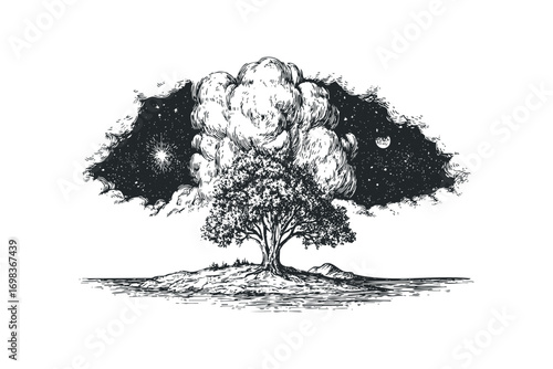 Pencil Sketch of a Lone Tree Under a Starry Sky and Clouds