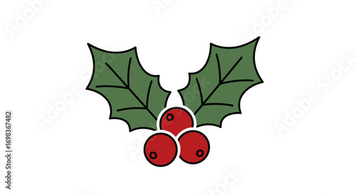Simple illustration of holly sprig with three red berries and green leaves.