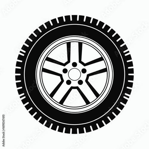 Vector illustration of a black and white car wheel tire rim for scalable design silhouette vector illustration white background