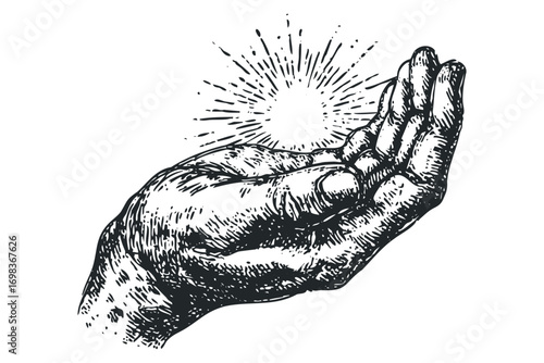 Hand holding light ray emitting from palm, ink sketch