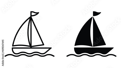 Illustration of a sailboat, presented in two styles outline and solid fill, ideal for nautical or travelthemed designs