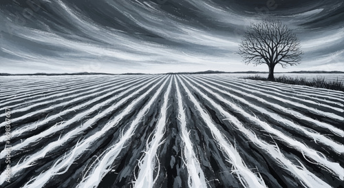 Monochromatic plowed field with parallel rows and lone tree.