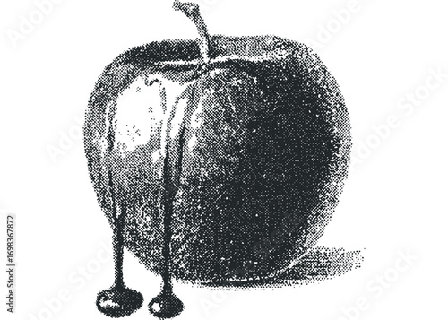 Grayscale halftone apple with stem and droplets