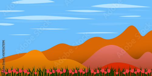 Autumn nature and country landscape background with flower, mountain and blue sky. Suitable for seasonal event, wallpaper and greeting card. Vector