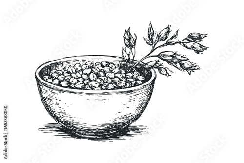 Hand drawn ink sketch of a bowl filled with beans and sprouting plant on transparent background